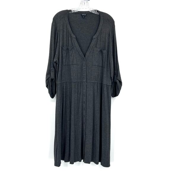 Torrid Gray Button Front Midi Dress Soft Tab Sleeve Pockets Womens Size 2 (2x) - Picture 3 of 12